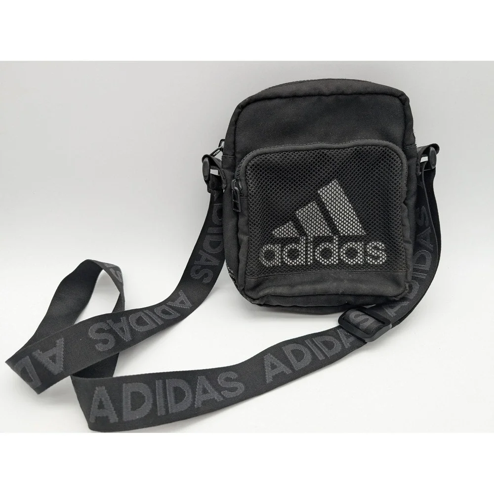 Adidas Black Canvas Festival Crossbody Bag Mesh Pocket Branded Strap